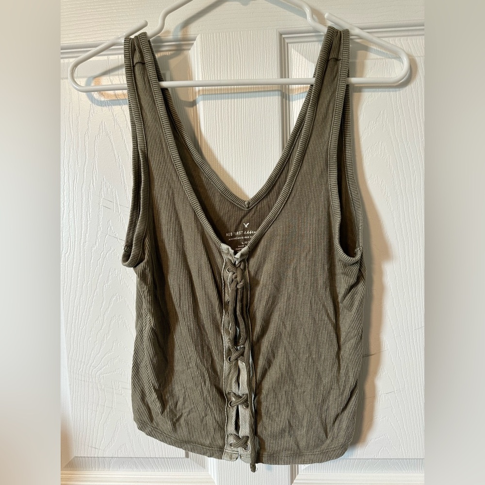American Eagle Outfitters Olive Ribbed Lace-Up Tank Top